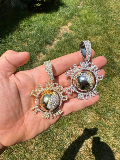MOISSANITE Hip Hop 925 Silver Iced World Is Mine Spinning Globe Pendant Necklace