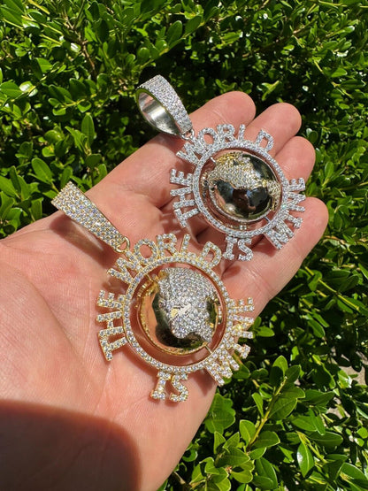 MOISSANITE Hip Hop 925 Silver Iced World Is Mine Spinning Globe Pendant Necklace