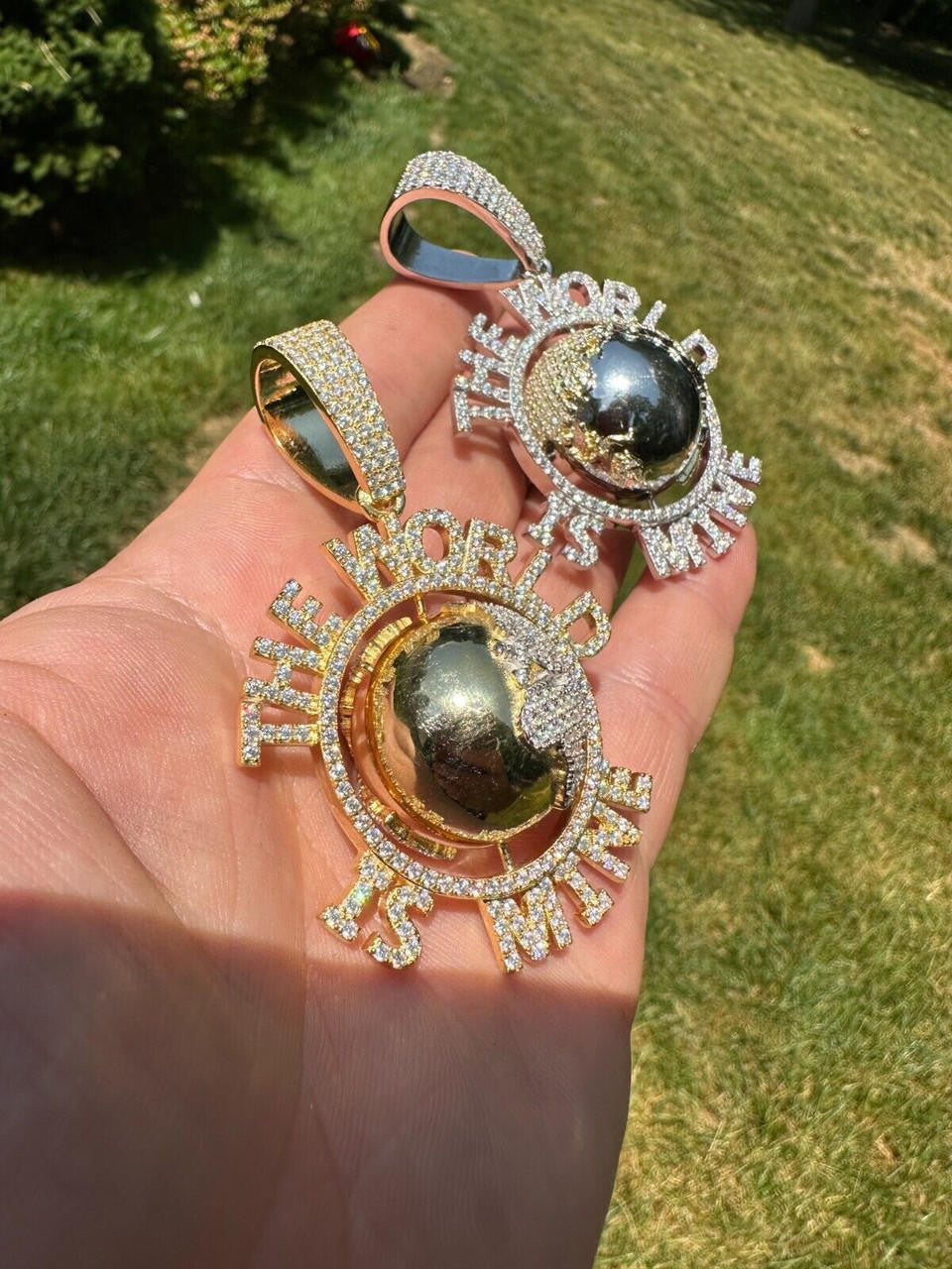 MOISSANITE Hip Hop 925 Silver Iced World Is Mine Spinning Globe Pendant Necklace