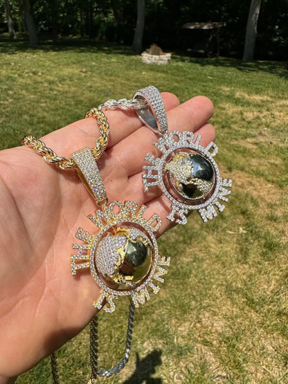 MOISSANITE Hip Hop 925 Silver Iced World Is Mine Spinning Globe Pendant Necklace