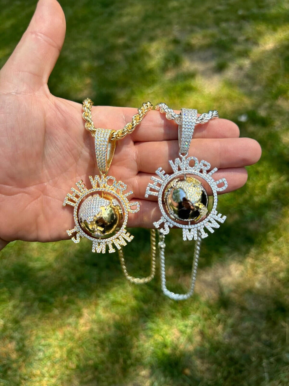 MOISSANITE Hip Hop 925 Silver Iced World Is Mine Spinning Globe Pendant Necklace