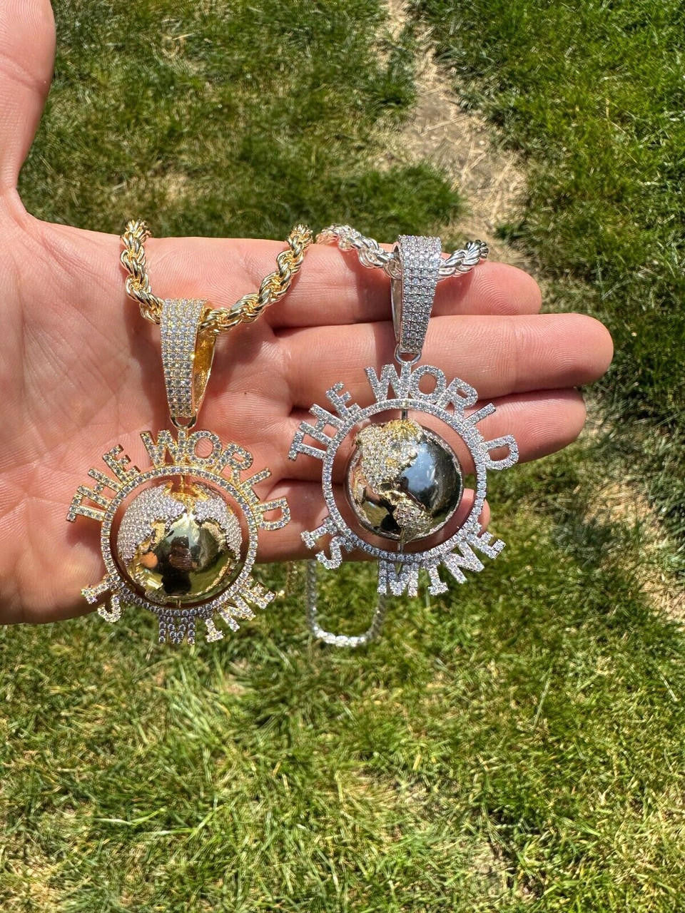 MOISSANITE Hip Hop 925 Silver Iced World Is Mine Spinning Globe Pendant Necklace