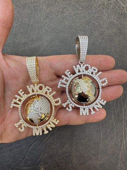 MOISSANITE Hip Hop 925 Silver Iced World Is Mine Spinning Globe Pendant Necklace