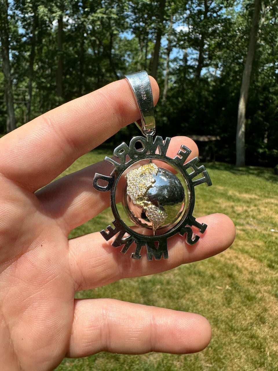 MOISSANITE Hip Hop 925 Silver Iced World Is Mine Spinning Globe Pendant Necklace