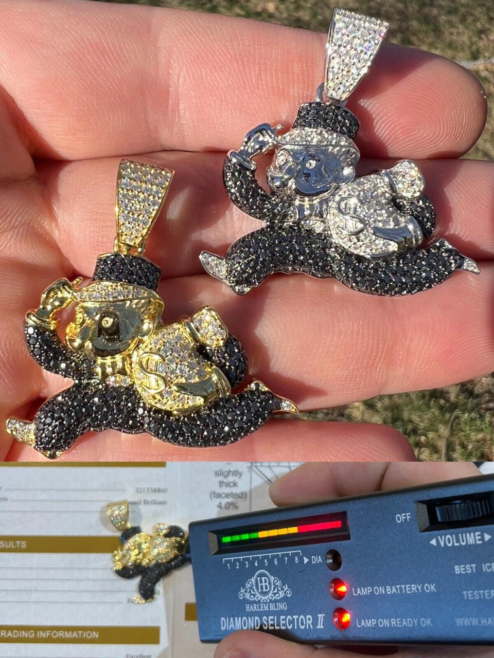 MOISSANITE Iced Real 925 Silver / Gold Monopoly Man Money Bag Necklace Pendant