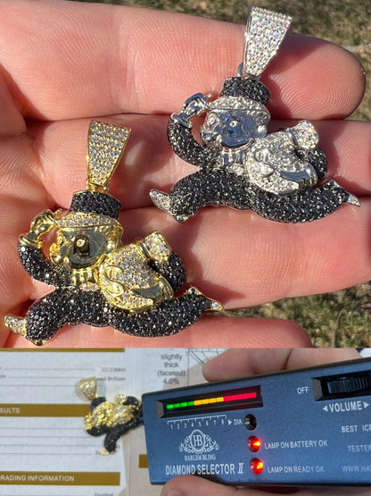 MOISSANITE Iced Real 925 Silver / Gold Monopoly Man Money Bag Necklace Pendant