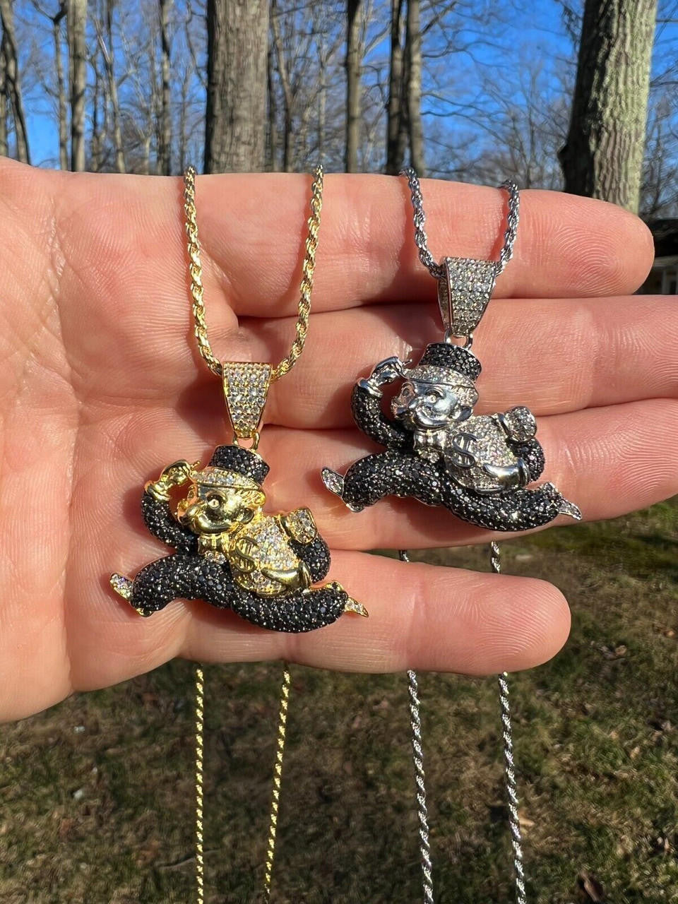 MOISSANITE Iced Real 925 Silver / Gold Monopoly Man Money Bag Necklace Pendant