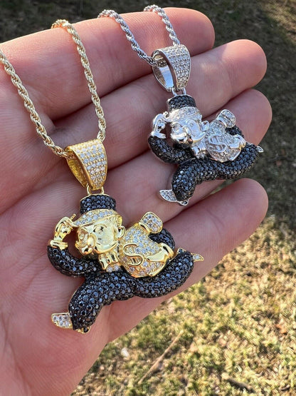 MOISSANITE Iced Real 925 Silver / Gold Monopoly Man Money Bag Necklace Pendant