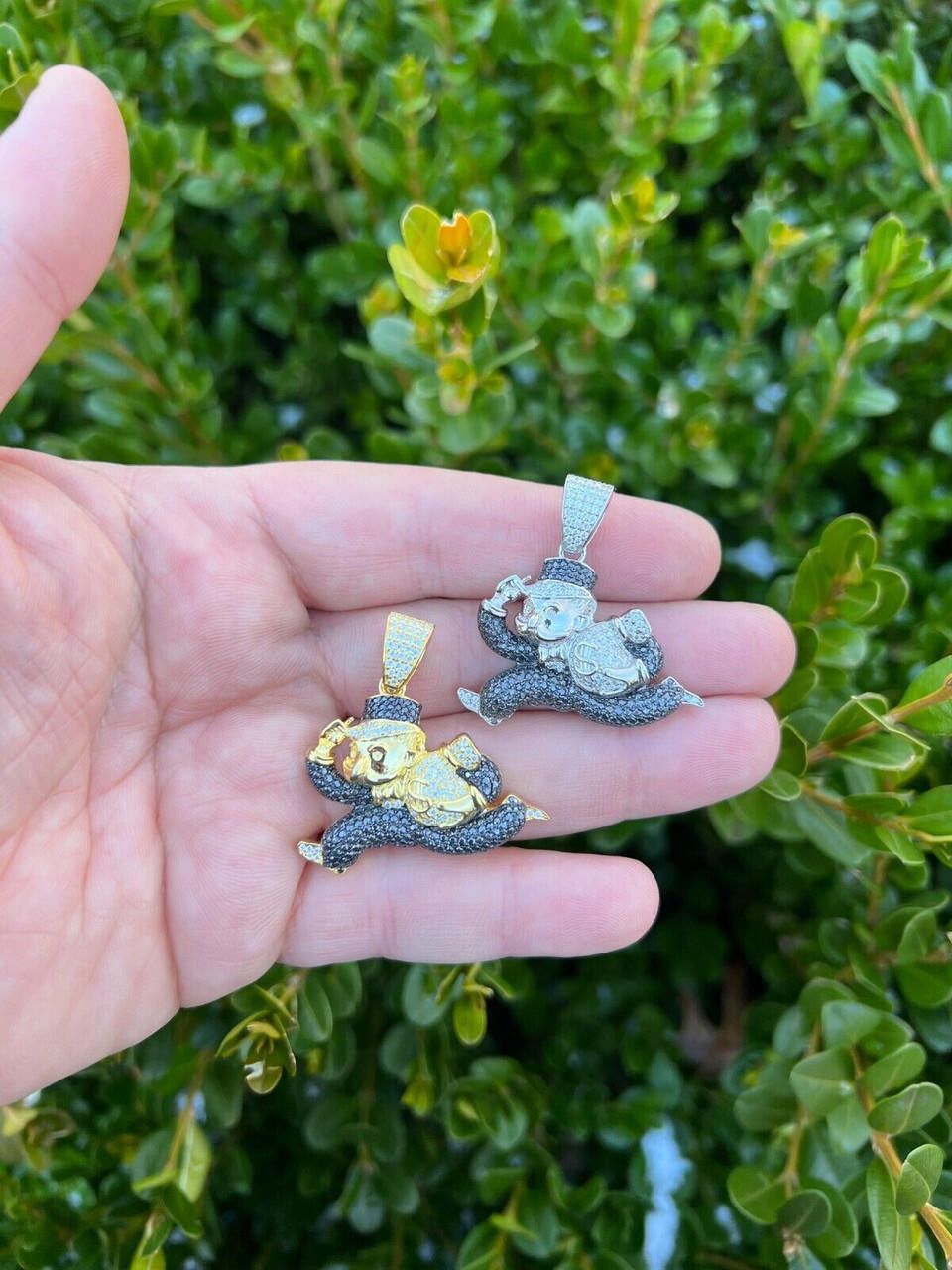 MOISSANITE Iced Real 925 Silver / Gold Monopoly Man Money Bag Necklace Pendant