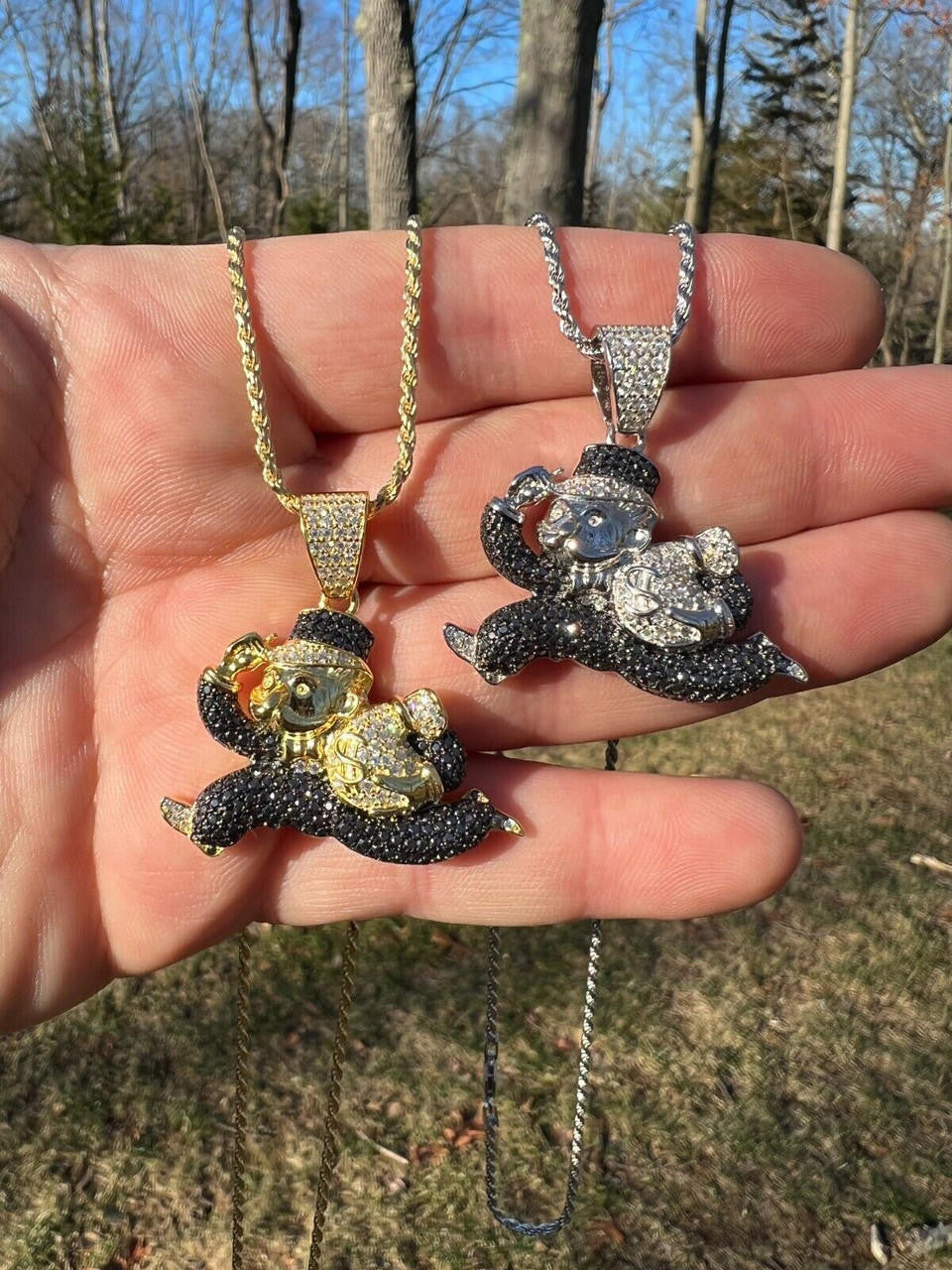 MOISSANITE Iced Real 925 Silver / Gold Monopoly Man Money Bag Necklace Pendant