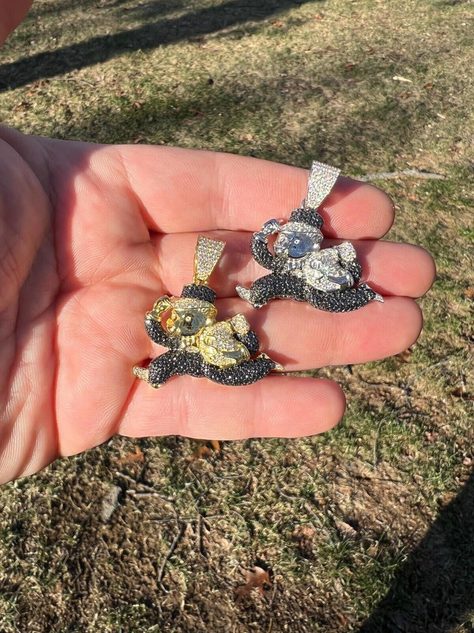 MOISSANITE Iced Real 925 Silver / Gold Monopoly Man Money Bag Necklace Pendant