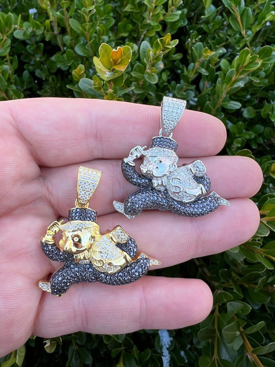 MOISSANITE Iced Real 925 Silver / Gold Monopoly Man Money Bag Necklace Pendant