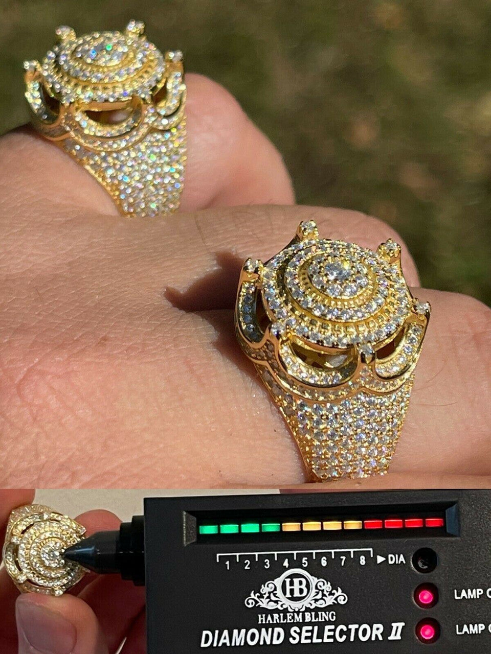 MOISSANITE Iced Ring Mens 14K Gold Vermeil Solid 925 Silver King Crown Pinky