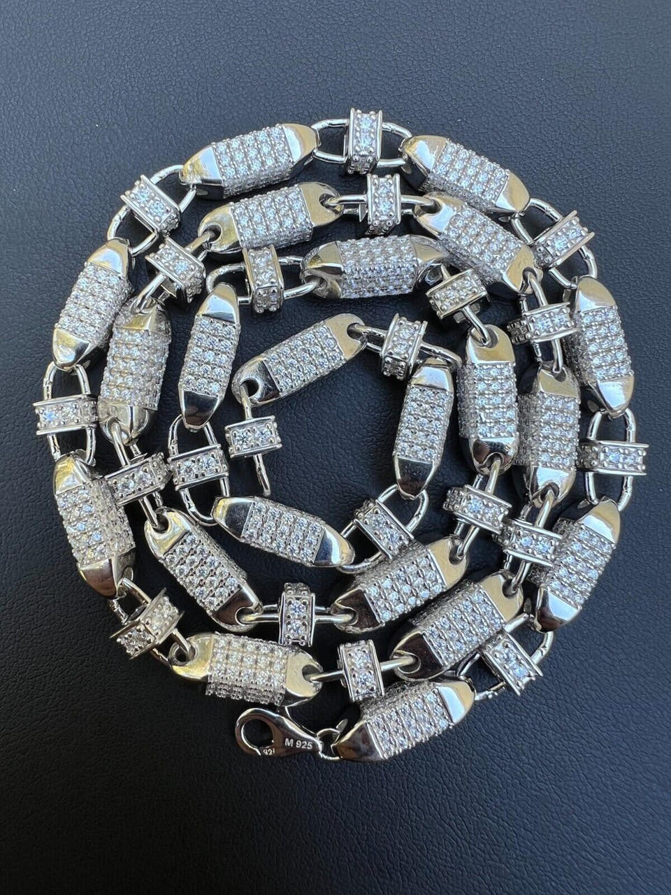 MOISSANITE Mens Bullet Chain Real 925 Silver Iced Flooded Out Hip Hop Necklace