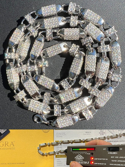 MOISSANITE Mens Bullet Chain Real 925 Silver Iced Flooded Out Hip Hop Necklace