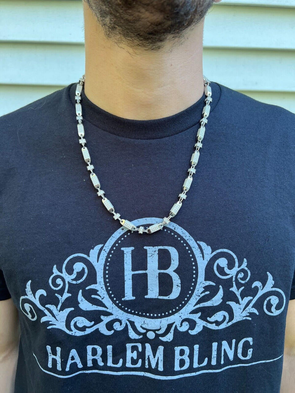 MOISSANITE Mens Bullet Chain Real 925 Silver Iced Flooded Out Hip Hop Necklace