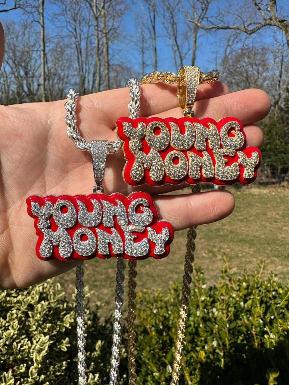 MOISSANITE Real 925 Silver / 14k Gold Iced YOUNG MONEY Hip Hop Pendant Necklace