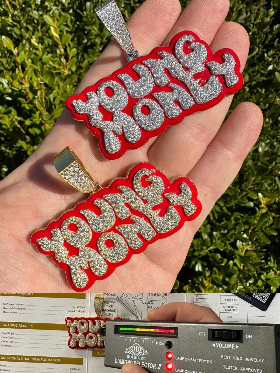 MOISSANITE Real 925 Silver / 14k Gold Iced YOUNG MONEY Hip Hop Pendant Necklace