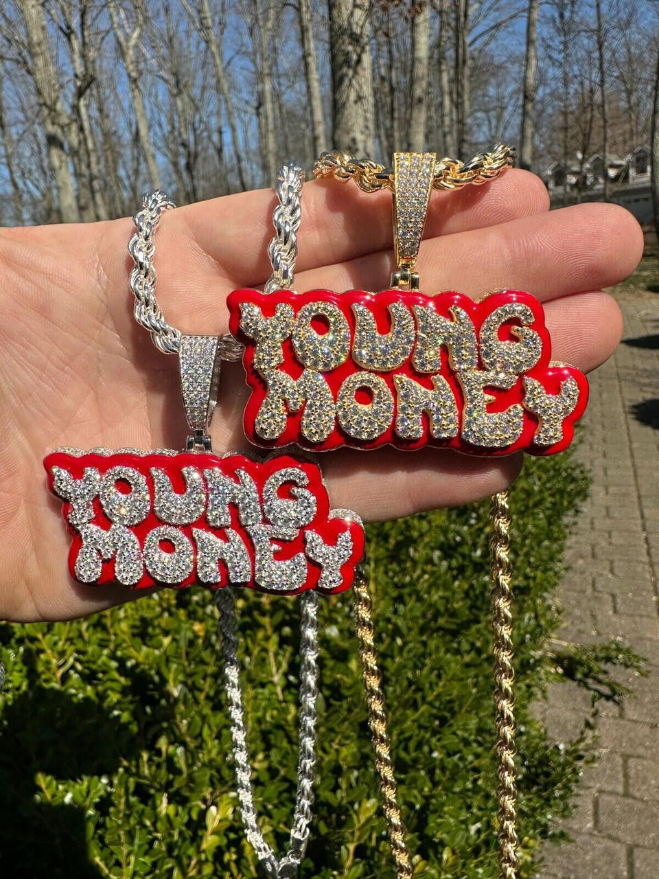MOISSANITE Real 925 Silver / 14k Gold Iced YOUNG MONEY Hip Hop Pendant Necklace
