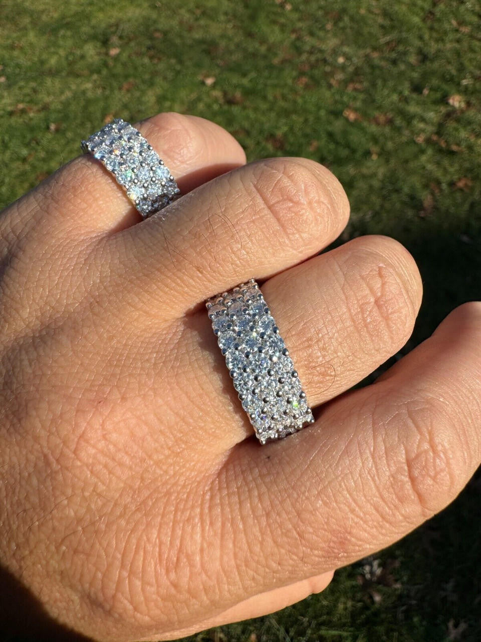 MOISSANITE Real 925 Silver Hip Hop Iced Honeycomb Set Eternity Band 9mm Ring