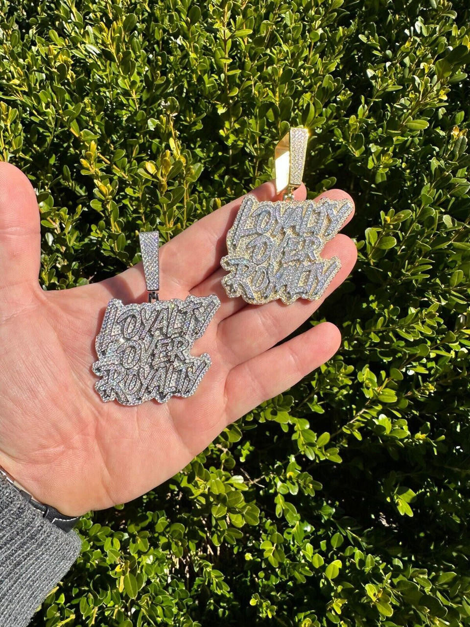 MOISSANITE Real Silver / Gold Iced LOYALTY OVER ROYALTY Hip Hop Pendant Necklace