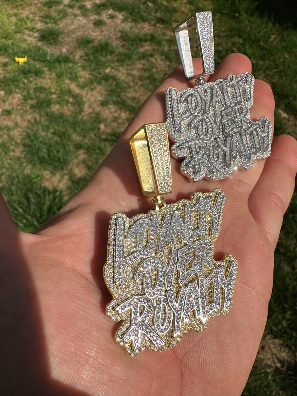MOISSANITE Real Silver / Gold Iced LOYALTY OVER ROYALTY Hip Hop Pendant Necklace