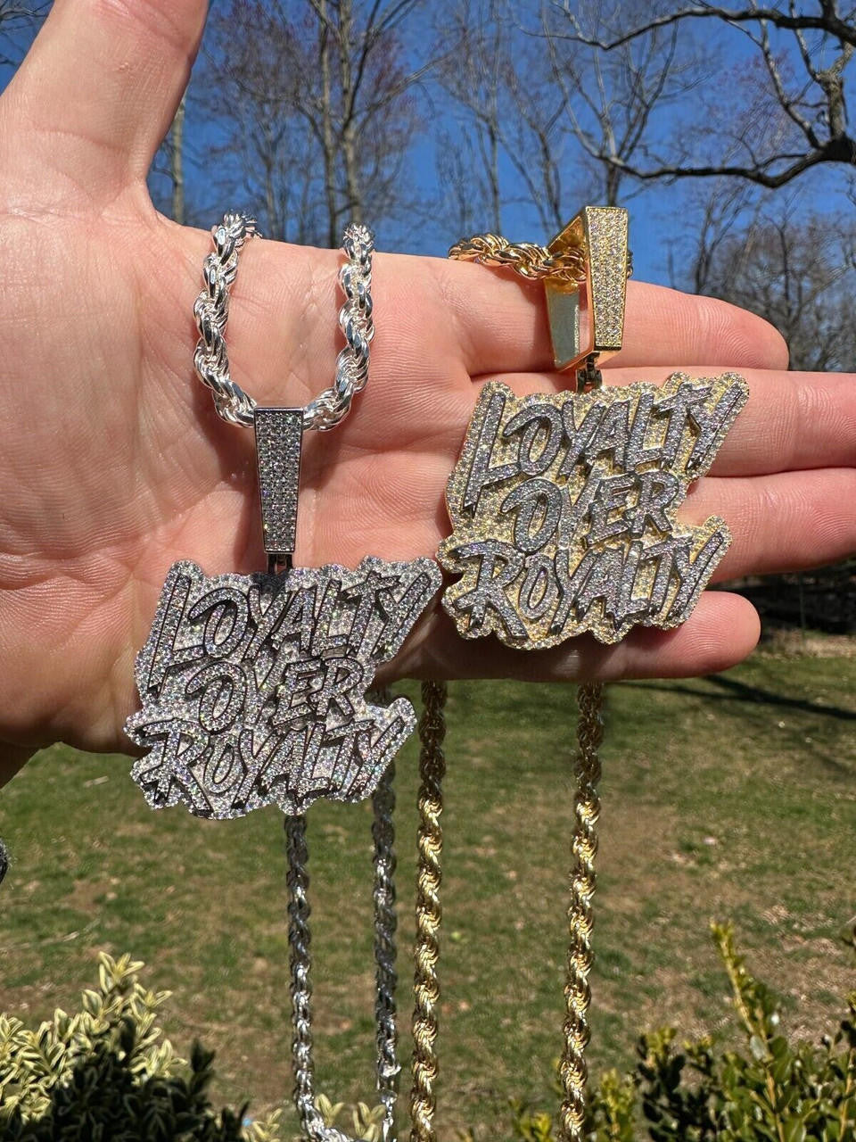 MOISSANITE Real Silver / Gold Iced LOYALTY OVER ROYALTY Hip Hop Pendant Necklace