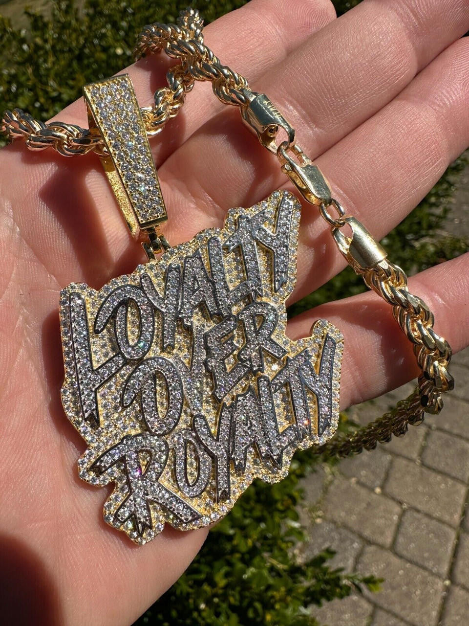 MOISSANITE Real Silver / Gold Iced LOYALTY OVER ROYALTY Hip Hop Pendant Necklace