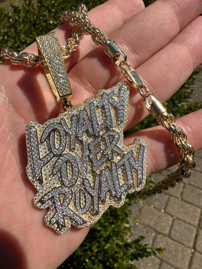 MOISSANITE Real Silver / Gold Iced LOYALTY OVER ROYALTY Hip Hop Pendant Necklace