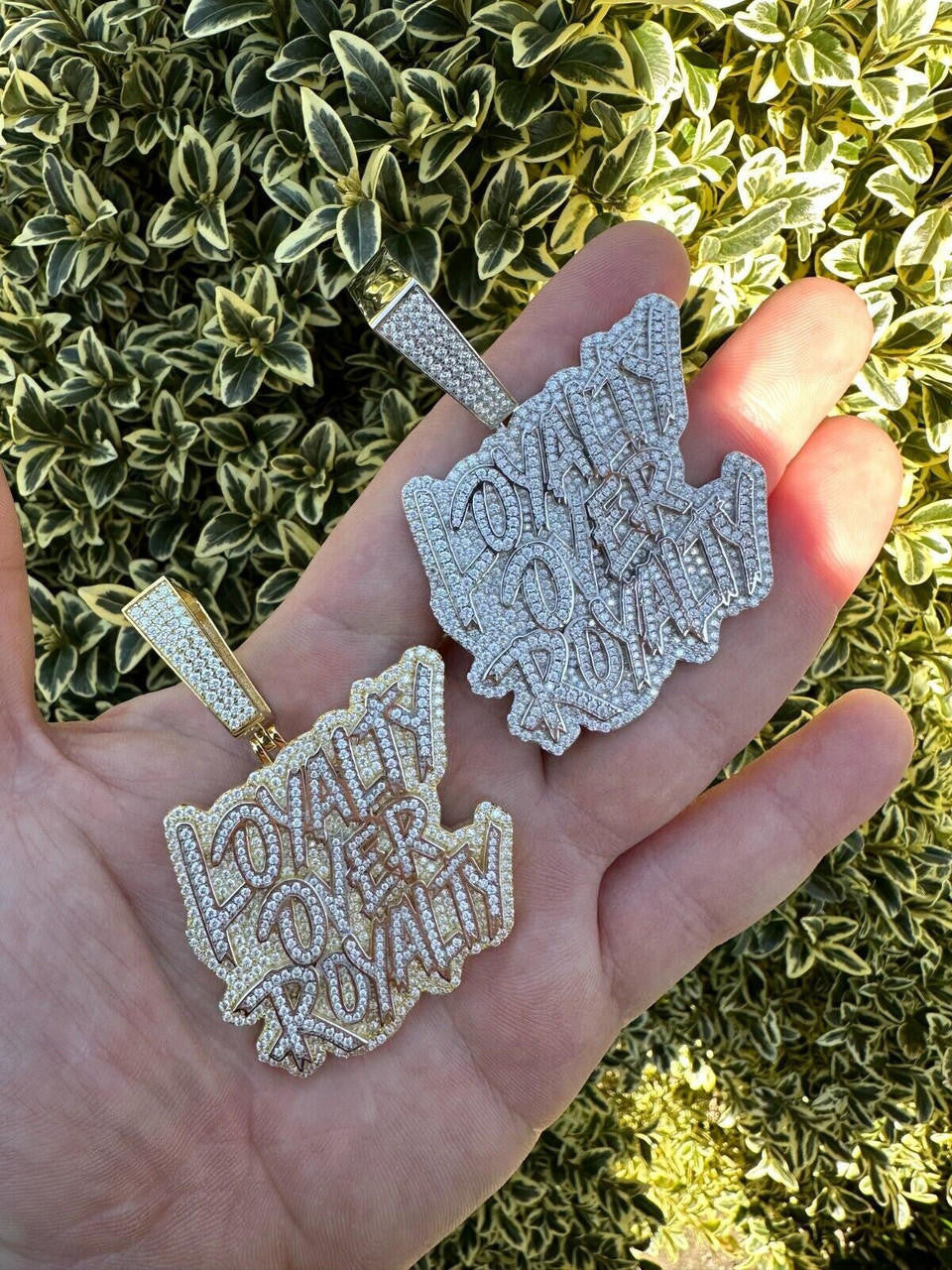 MOISSANITE Real Silver / Gold Iced LOYALTY OVER ROYALTY Hip Hop Pendant Necklace