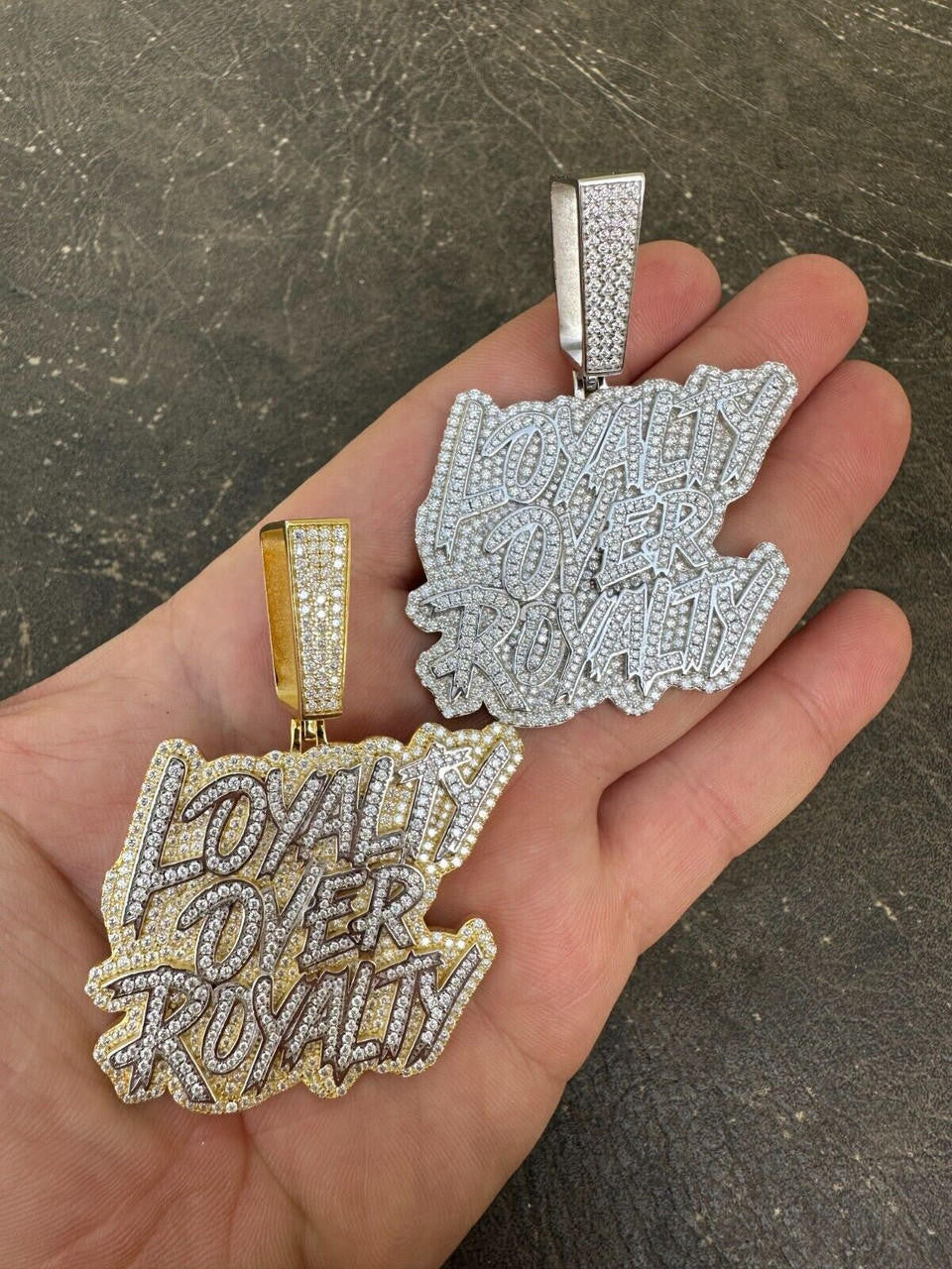 MOISSANITE Real Silver / Gold Iced LOYALTY OVER ROYALTY Hip Hop Pendant Necklace