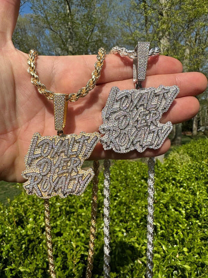 MOISSANITE Real Silver / Gold Iced LOYALTY OVER ROYALTY Hip Hop Pendant Necklace
