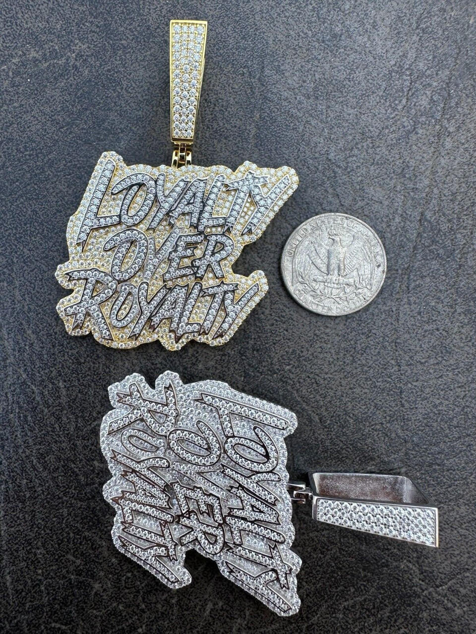 MOISSANITE Real Silver / Gold Iced LOYALTY OVER ROYALTY Hip Hop Pendant Necklace