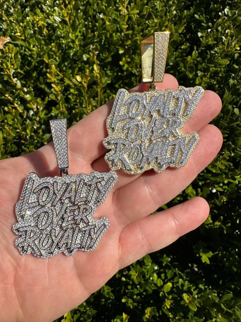 MOISSANITE Real Silver / Gold Iced LOYALTY OVER ROYALTY Hip Hop Pendant Necklace