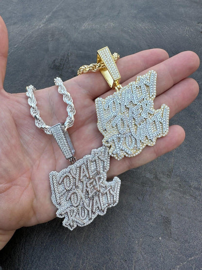 MOISSANITE Real Silver / Gold Iced LOYALTY OVER ROYALTY Hip Hop Pendant Necklace