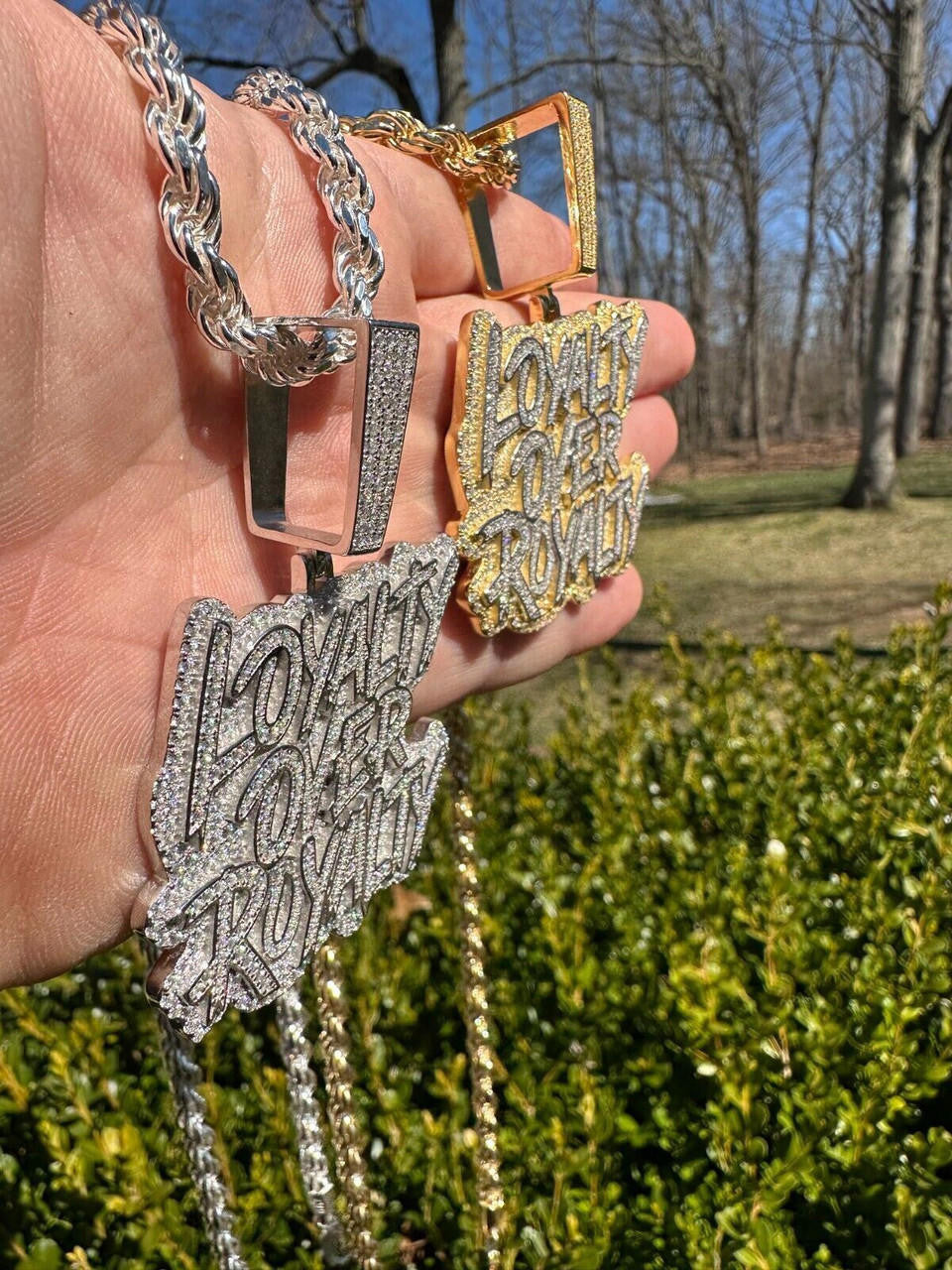 MOISSANITE Real Silver / Gold Iced LOYALTY OVER ROYALTY Hip Hop Pendant Necklace