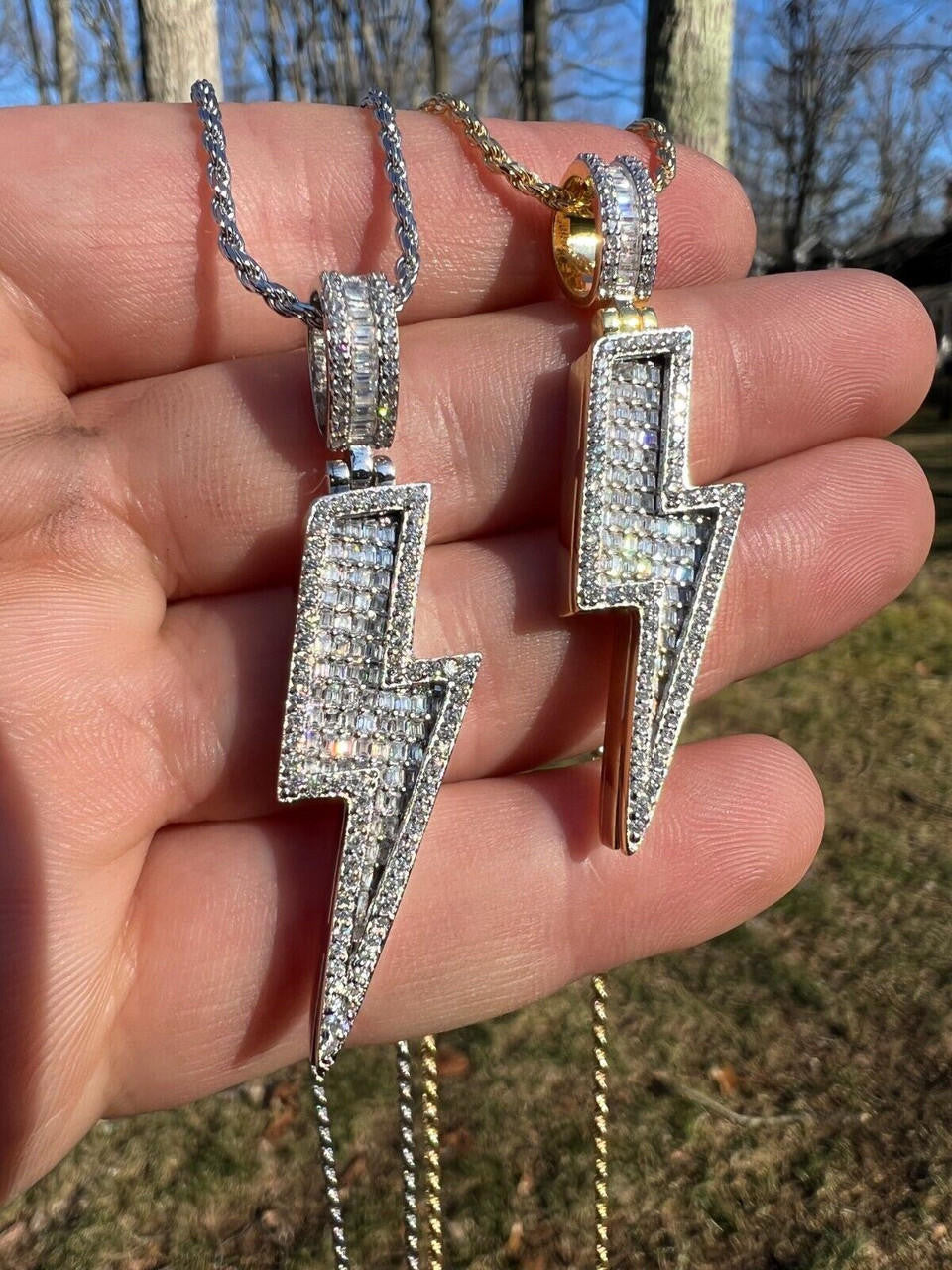 MOISSANITE Real Silver / Gold Lightning Bolt Necklace Pendant Pass Diamond Test