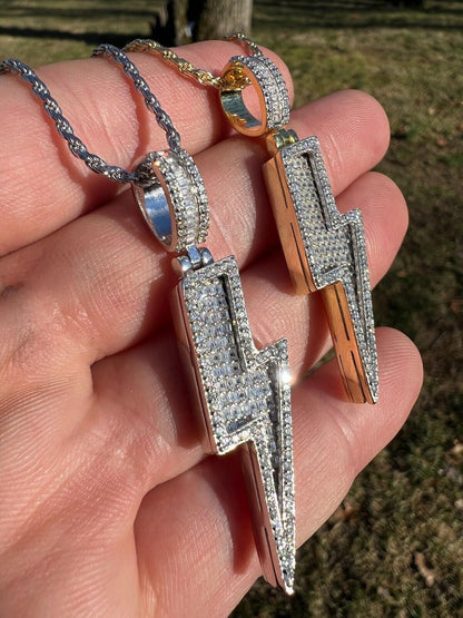 MOISSANITE Real Silver / Gold Lightning Bolt Necklace Pendant Pass Diamond Test