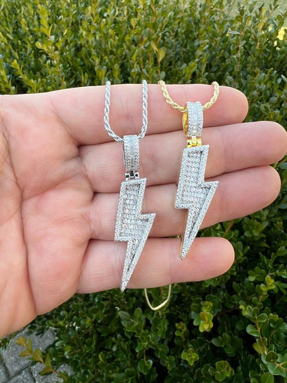MOISSANITE Real Silver / Gold Lightning Bolt Necklace Pendant Pass Diamond Test