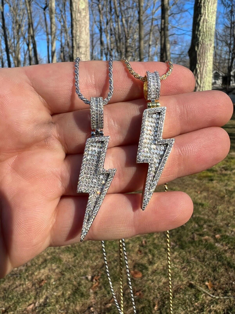 MOISSANITE Real Silver / Gold Lightning Bolt Necklace Pendant Pass Diamond Test