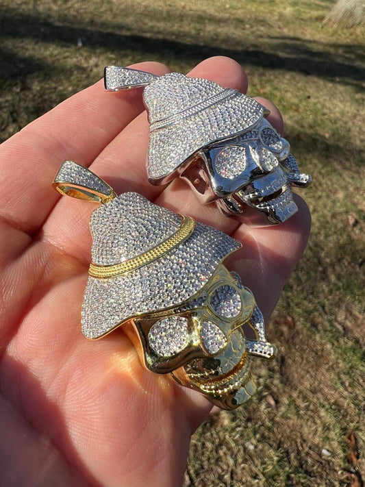 MOISSANITE Real Silver / Gold Skull In Fedora Hat Smoking Iced Necklace Pendant