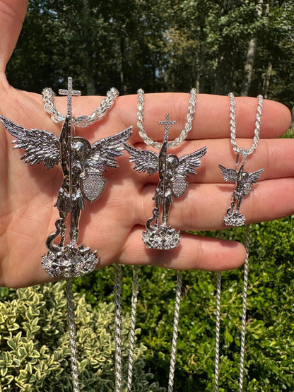 MOISSANITE Saint St Michael Slaying Dragon Archangel Pendant 925 Silver - 1-3"