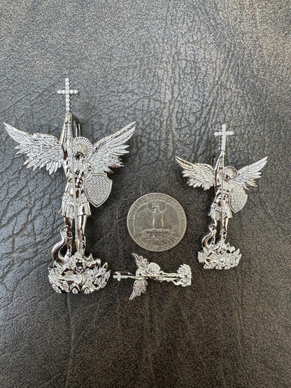 MOISSANITE Saint St Michael Slaying Dragon Archangel Pendant 925 Silver - 1-3"