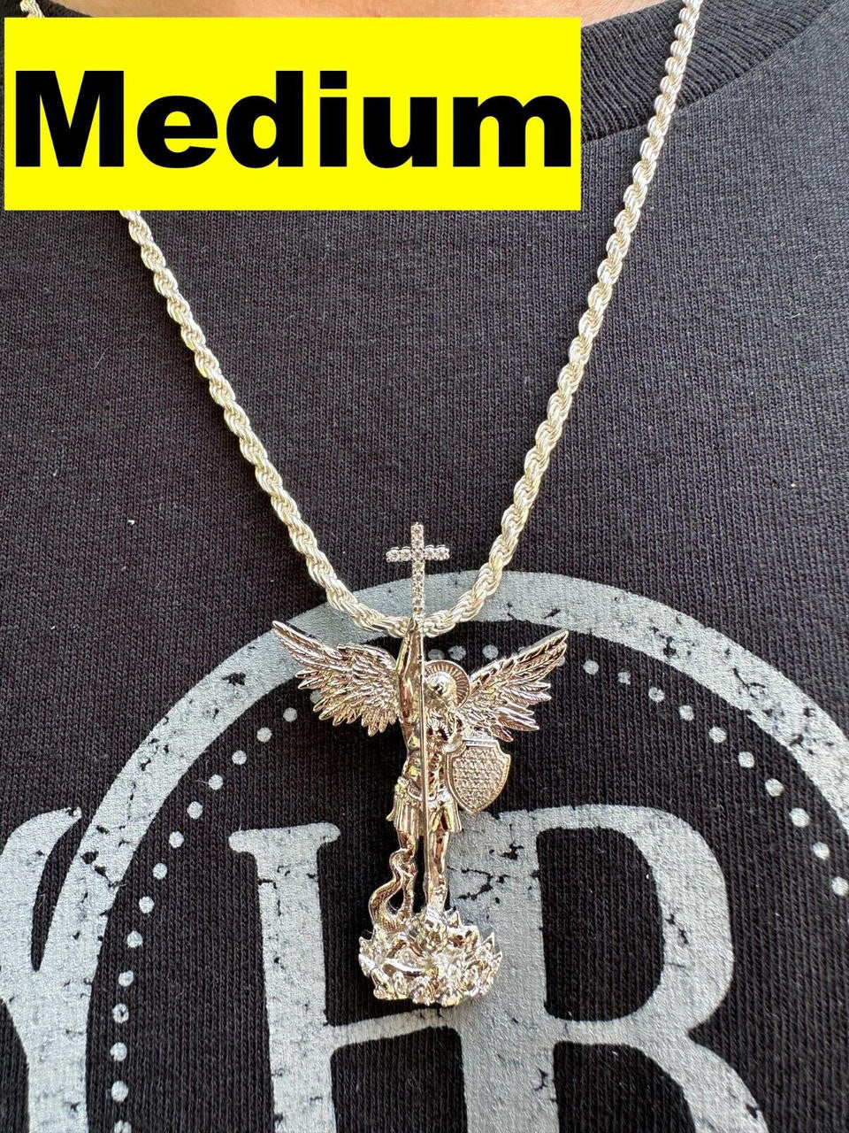 MOISSANITE Saint St Michael Slaying Dragon Archangel Pendant 925 Silver - 1-3"