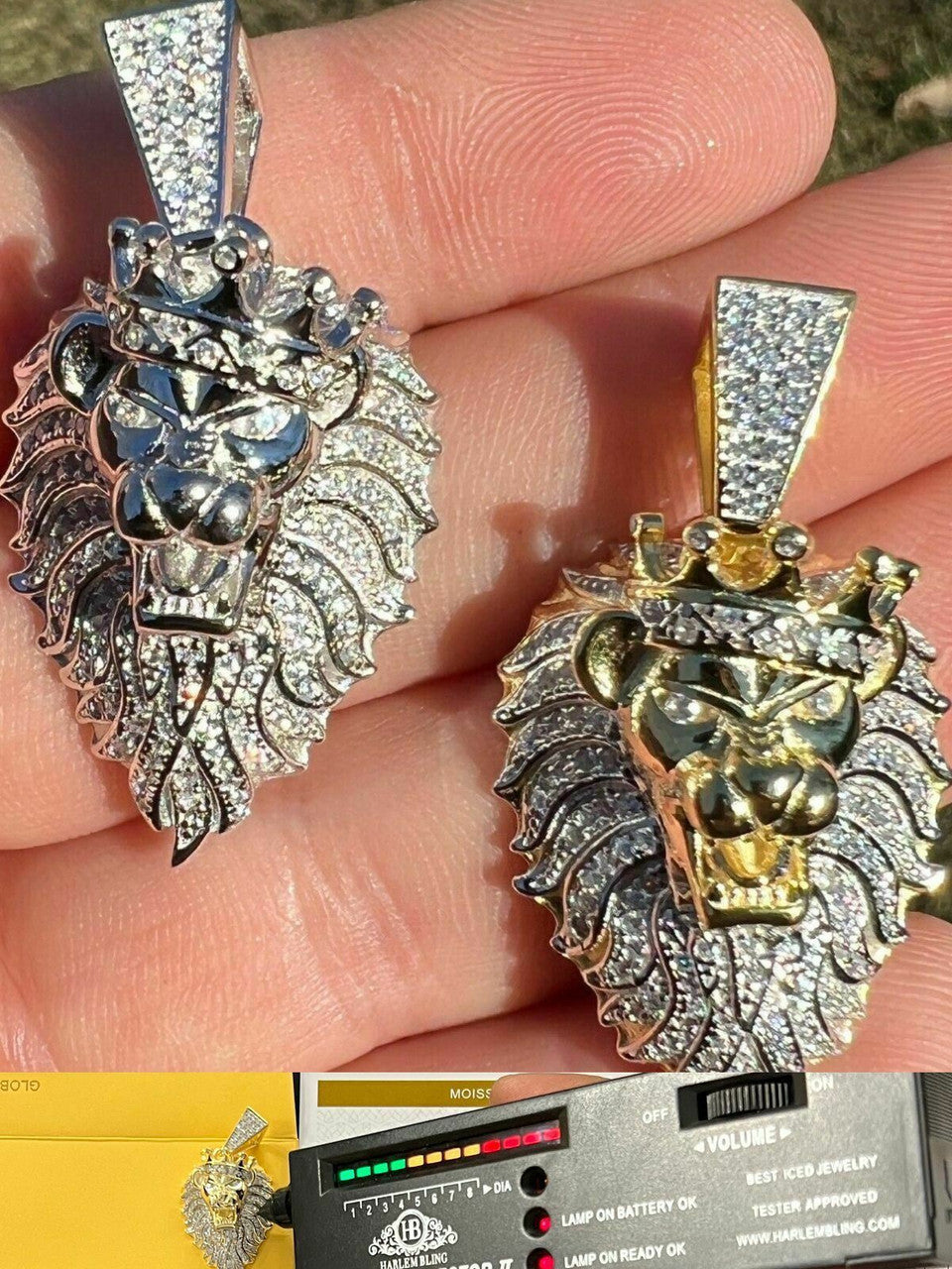 MOISSANITE Silver Gold Iced Rasta Lion Crown Pendant Necklace Pass