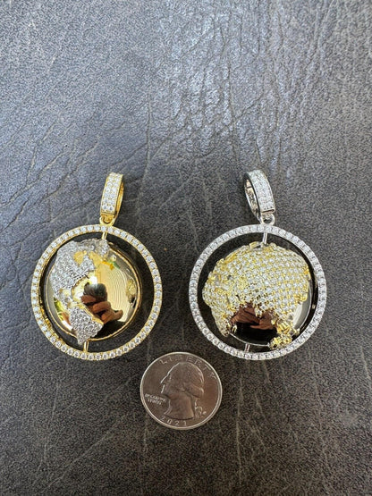 MOISSANITE Spinning Globe Real Hip Hop 925 Silver Iced Pendant Necklace 3D Out