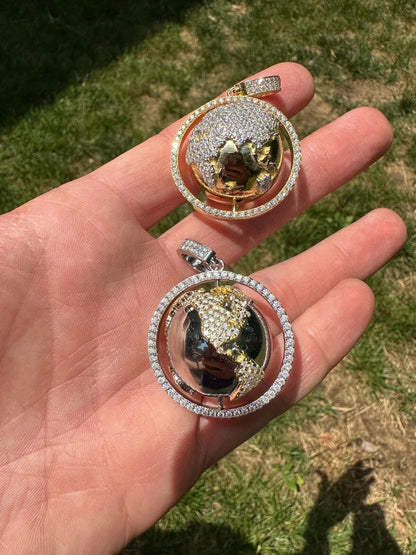 MOISSANITE Spinning Globe Real Hip Hop 925 Silver Iced Pendant Necklace 3D Out