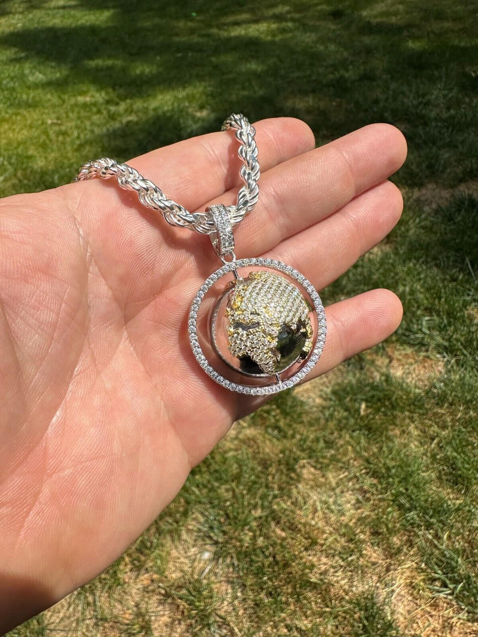 MOISSANITE Spinning Globe Real Hip Hop 925 Silver Iced Pendant Necklace 3D Out