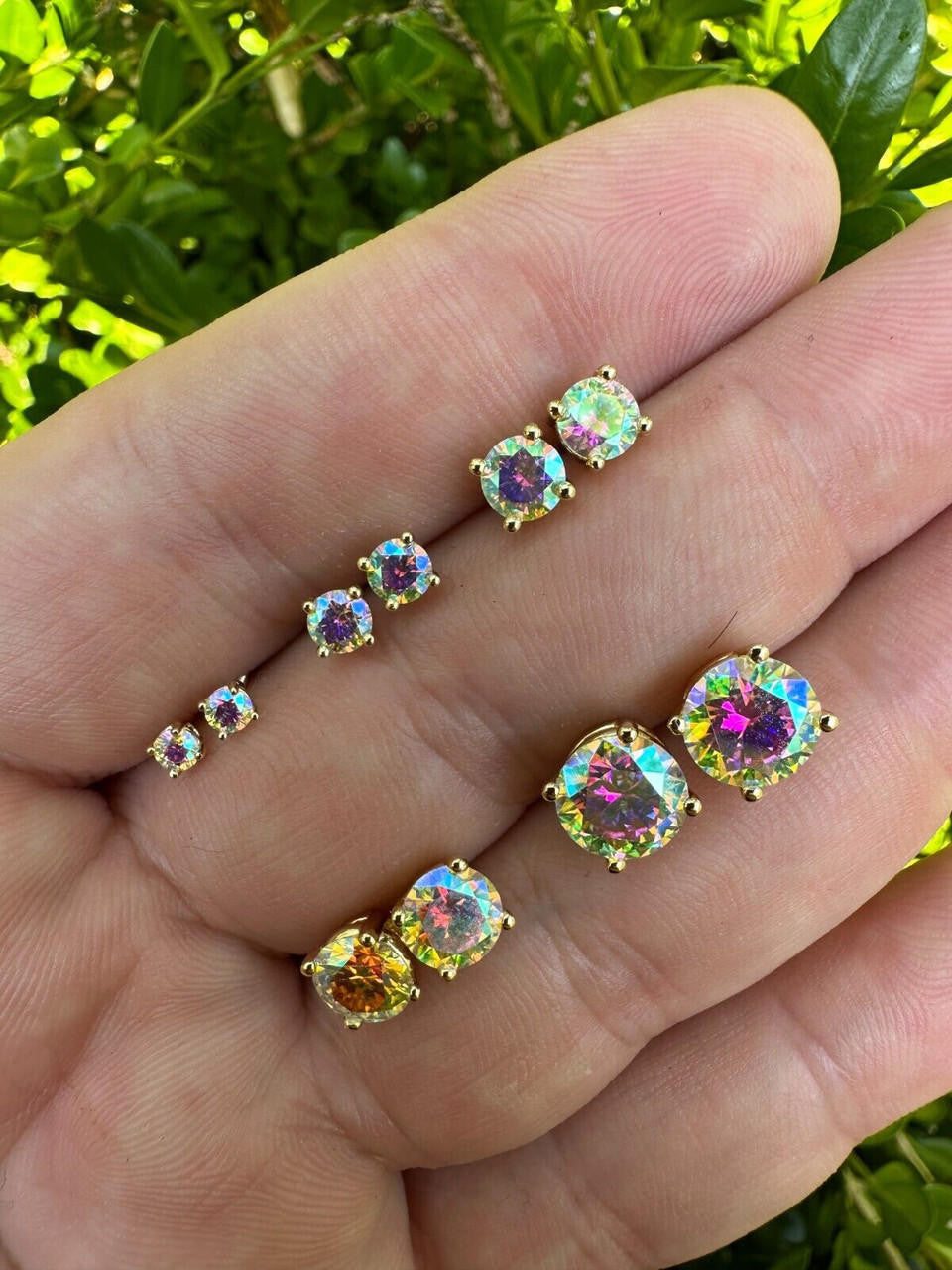Rainbow Opal Moissanite Screwback Stud Earrings 925 Silver 14k Gold Plated 3-8mm
