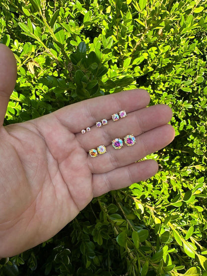 Rainbow Opal Moissanite Screwback Stud Earrings 925 Silver 14k Gold Plated 3-8mm